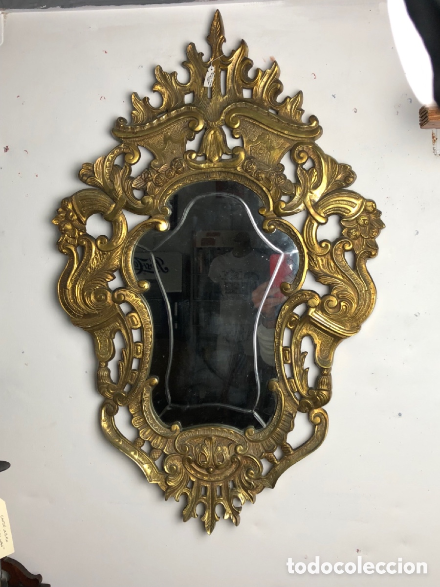 Antig&uuml;edades: Espectacular Espejo Rococ&oacute; de Bronce Macizo - 85 cm - Cristal Biselado - Siglo XX