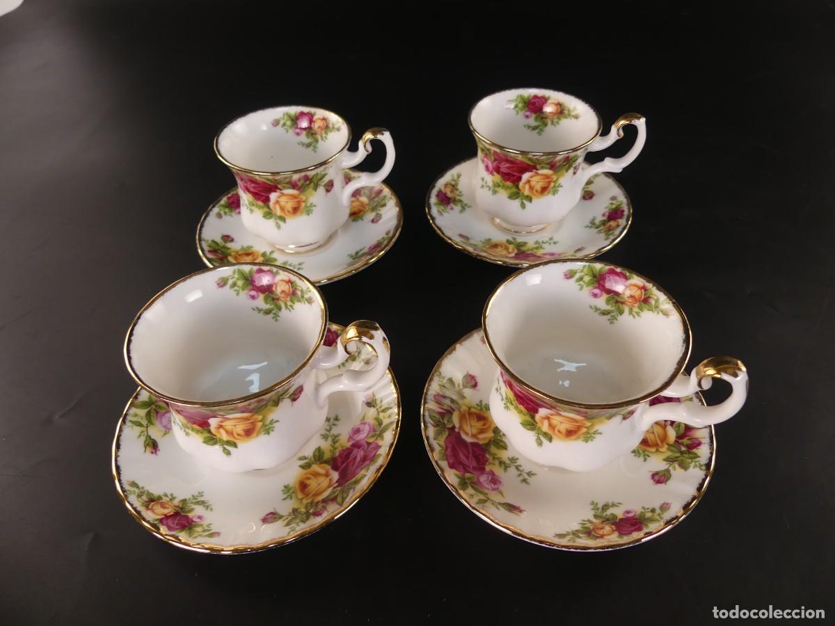 Antiguidades: JUEGO DE 4 TAZAS Y 4 PLATOS DE PORCELANA INGLESA ROYAL ALBERT SERIE OLD COUNTRY ROSES