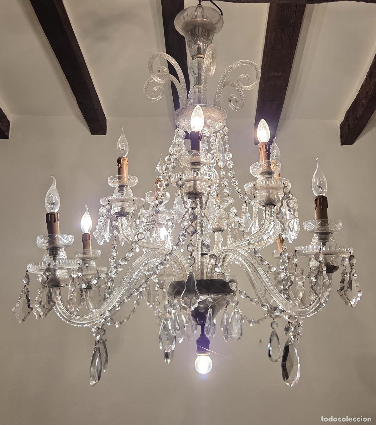 Antig&uuml;edades: L&aacute;mpara de Techo - Ara&ntilde;a de Cristal - 12 Luces - S.XIX