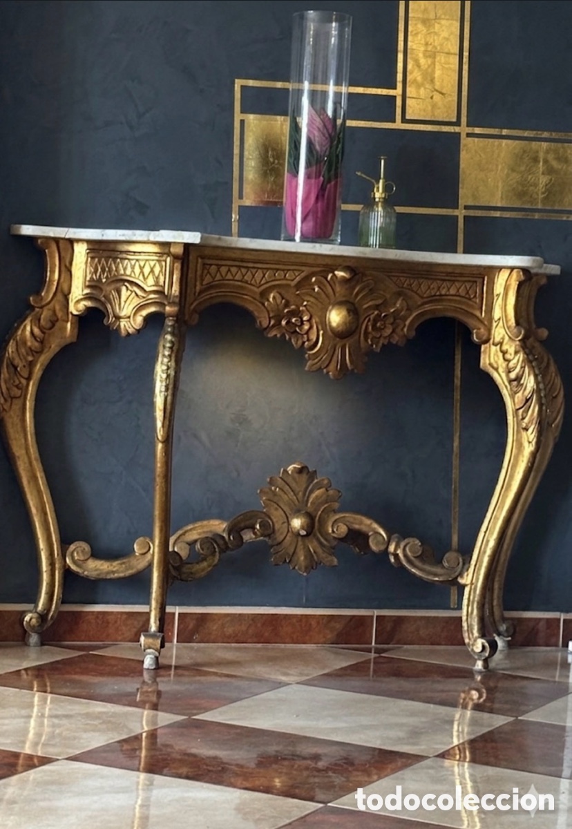 Antig&uuml;edades: Elegante Consola Estilo Luis XV - Pan de Oro y M&aacute;rmol