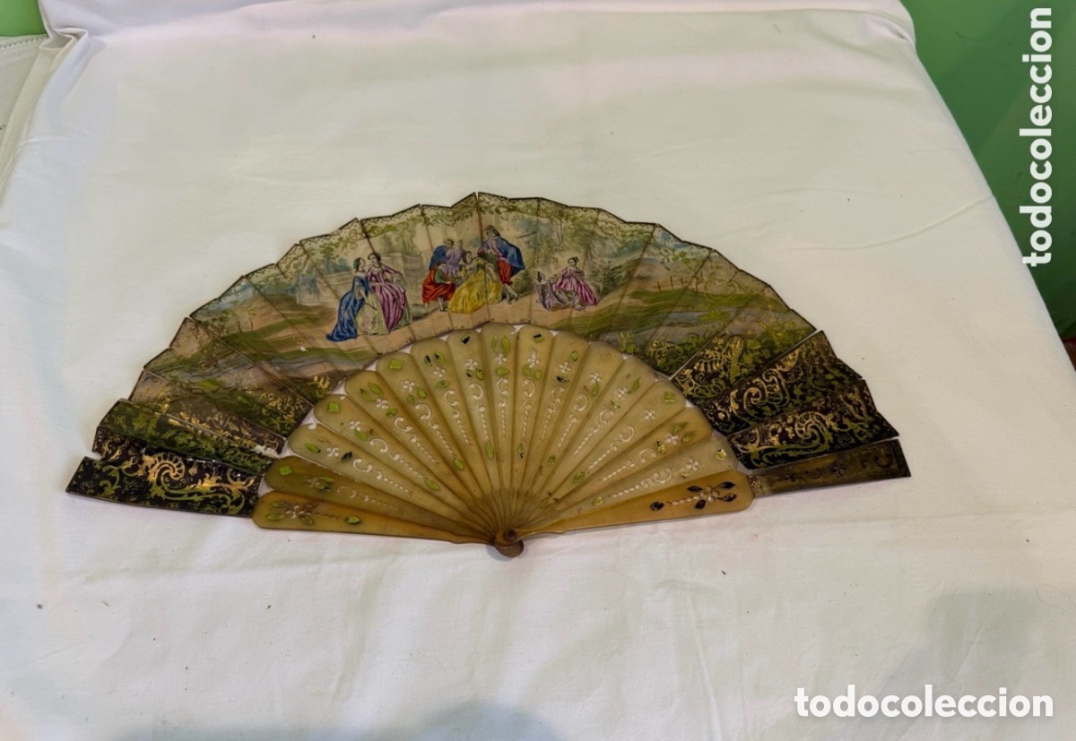 Antiques: Antiguo abanico isabelino siglo XIX doble cara pintado escena galante dorados varillaje