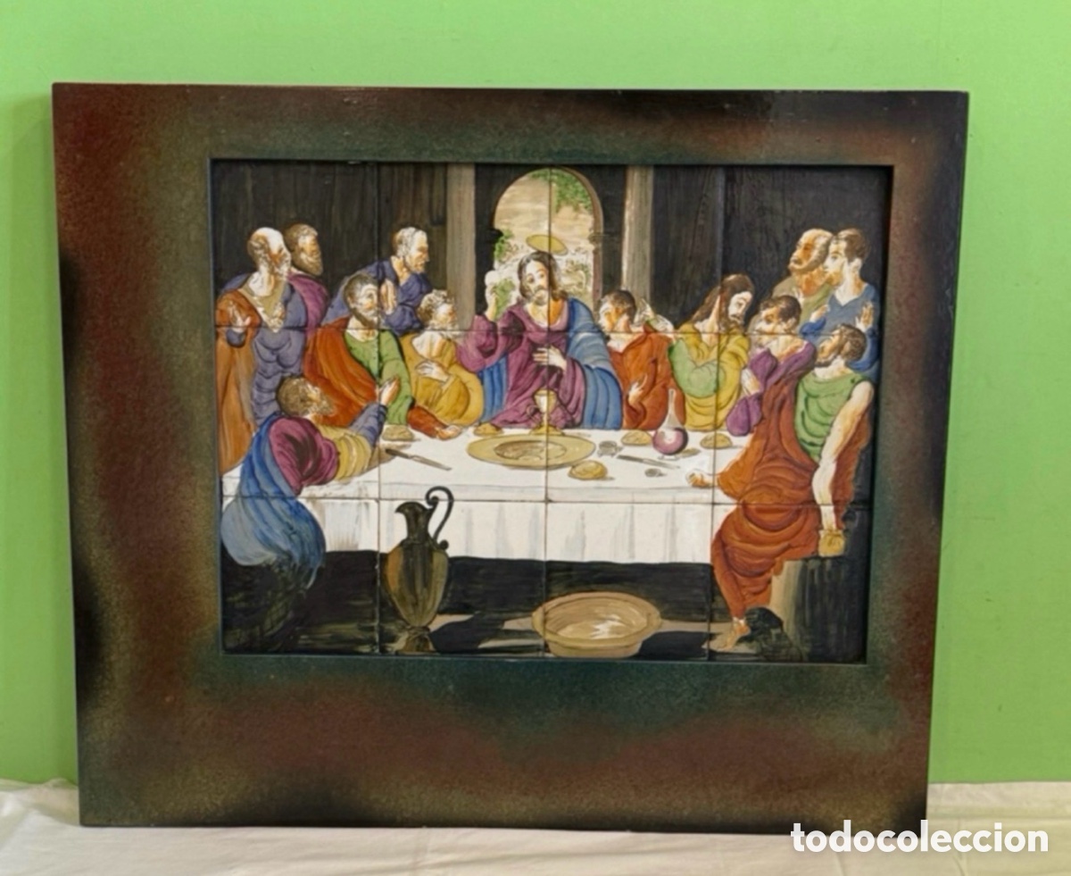 Antiquit&eacute;s: Antiguo panel 12 azulejos pintados - La &Uacute;ltima Cena - cuadro de la primera mitad del siglo xx.