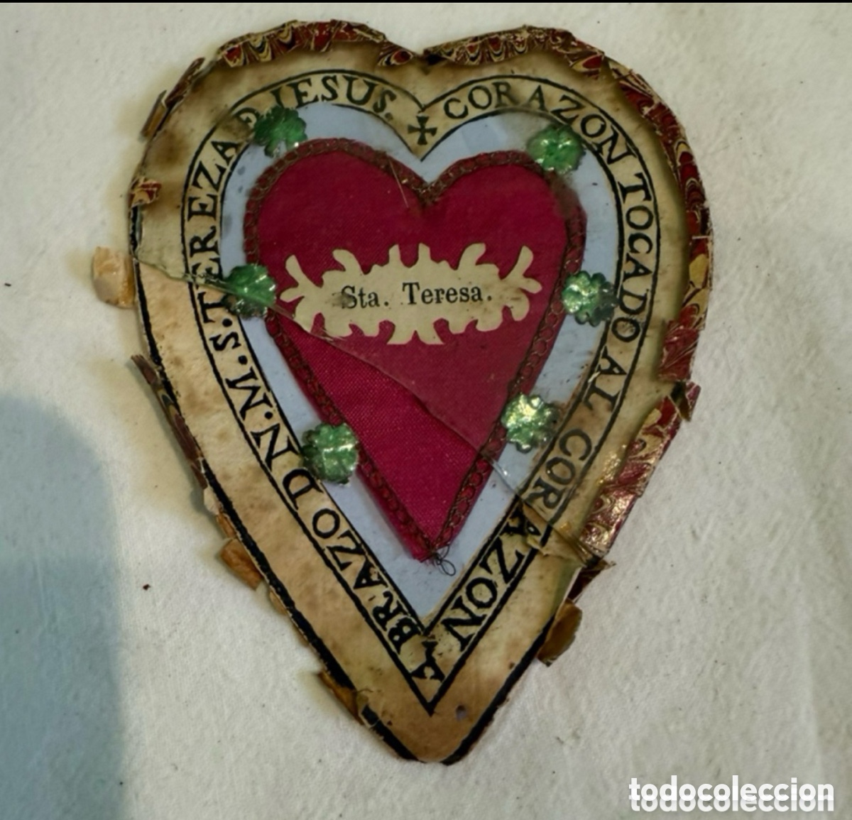 Antig&uuml;edades: Antiguo relicario devocional de Santa Teresa de Jes&uacute;s - Coraz&oacute;n m&iacute;stico - Siglo XIX