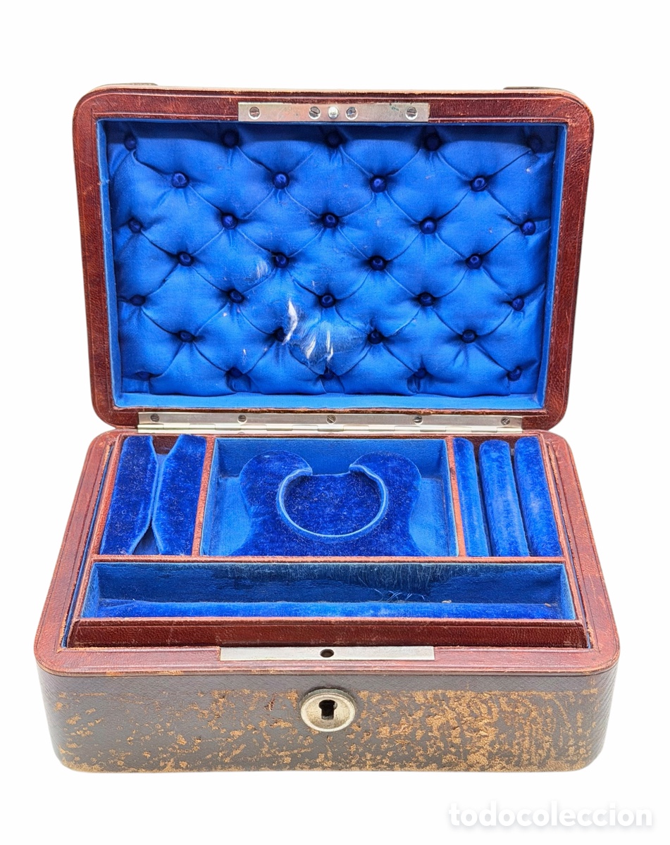 Antiquit&eacute;s: Antiguo Joyero de Madera y Terciopelo Azul