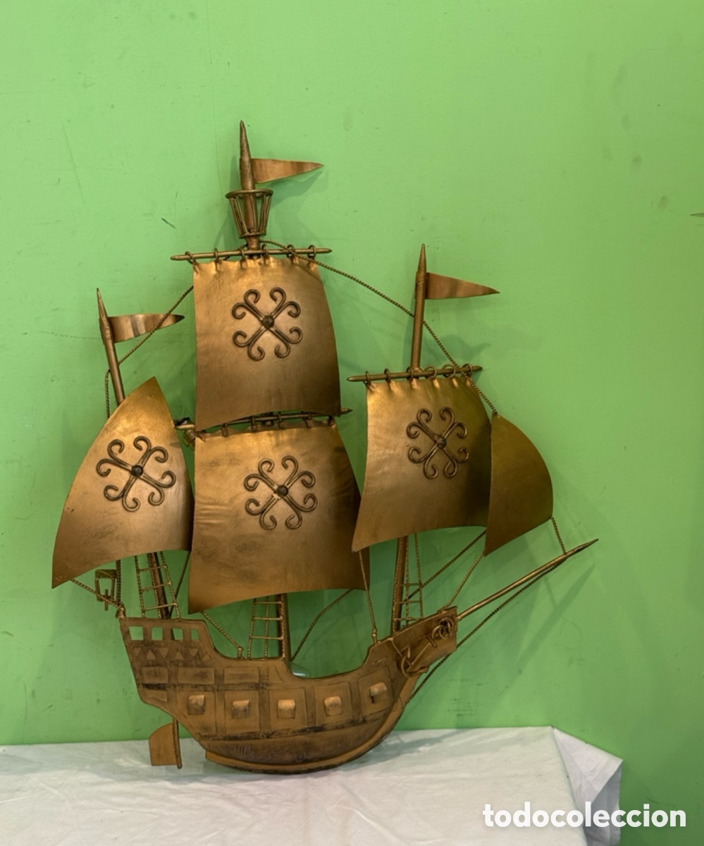 Antiguidades: Antigua l&aacute;mpara aplique barco gale&oacute;n espa&ntilde;ol 5 luces hierro forjado grabado Made in Spain