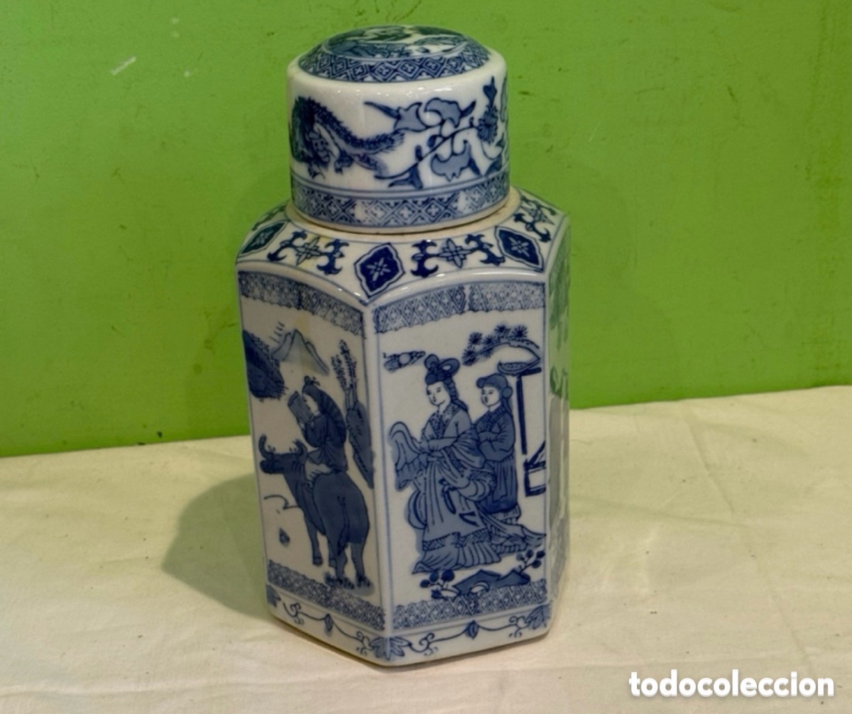 Antig&uuml;edades: Tarro porcelana chino azul y blanco con tapa escena oriental decoraci&oacute;n cl&aacute;sica