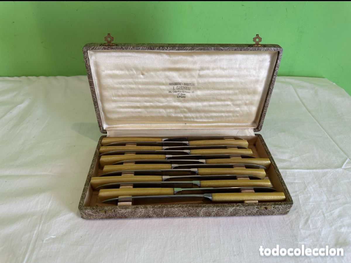 Antig&uuml;edades: Estuche antiguo cuchillos GREPPOUX Lyon juego mesa colecci&oacute;n vintage
