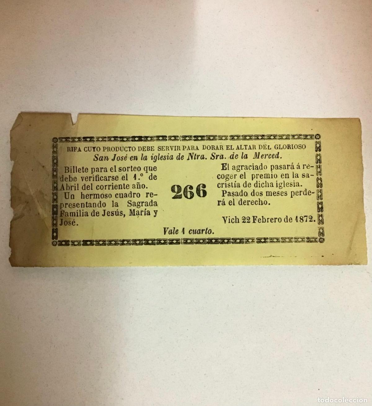 Antig&uuml;edades: BOLETO DE RIFA PARA DORAR EL ALTAR, NTRA. SRA. DE LA MERCED, A&Ntilde;O 1872