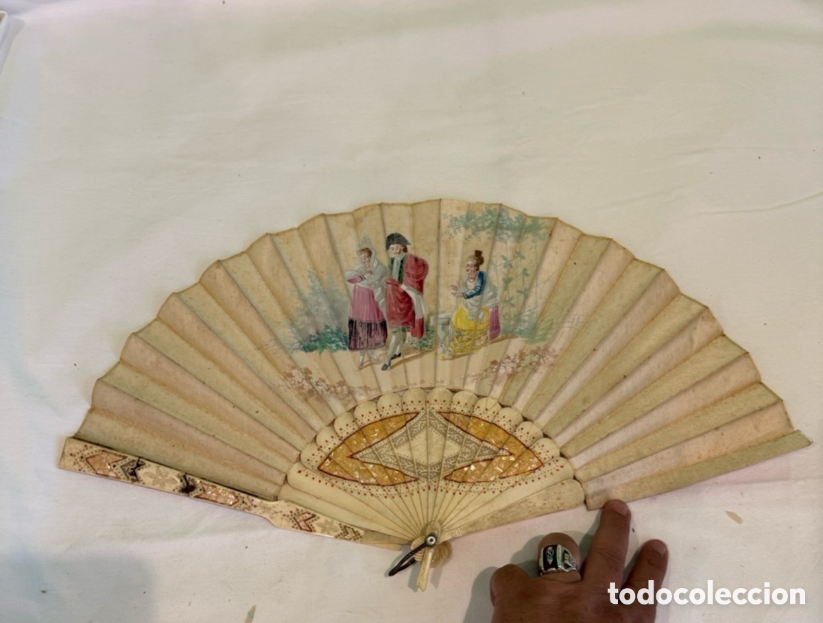 Antiquit&auml;ten: Antiguo abanico isabelino siglo XIX pintado a mano varillaje calado