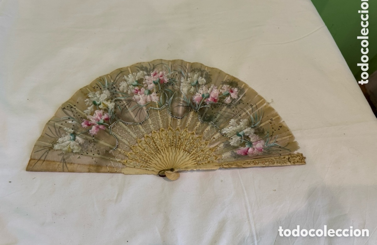 Antiquit&auml;ten: Antiguo abanico modernista Art Nouveau floral tul lentejuelas varillaje calado