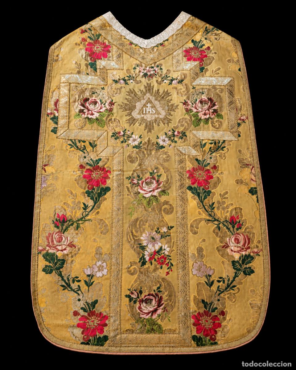 Antiques: Casulla barroca espa&ntilde;ola seda brocada bordada oro flores IHS escuela sevillana siglo XVIII