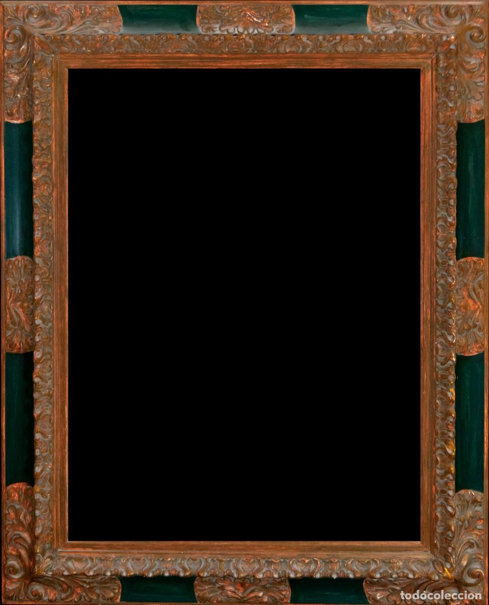 Oggetti Antichi: Marco barroco tallado madera dorada verde motivos acantos gran formato 106x86 cm siglo XX