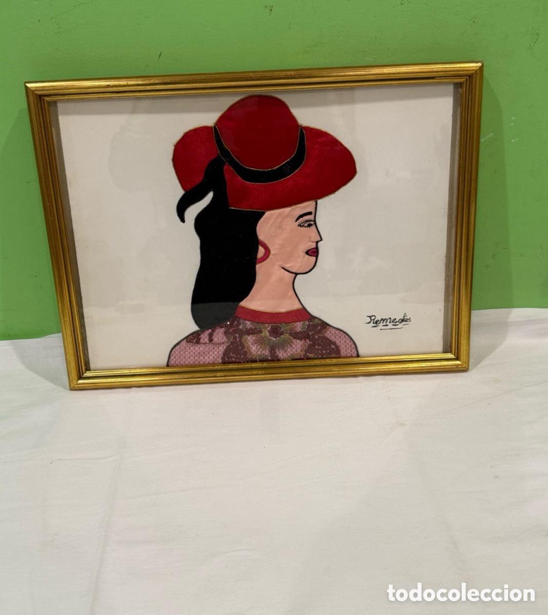 Antiquit&eacute;s: Remedios Dama Elegante T&eacute;cnica Textil Bordada Firmado Enmarcado Barcelona 1991
