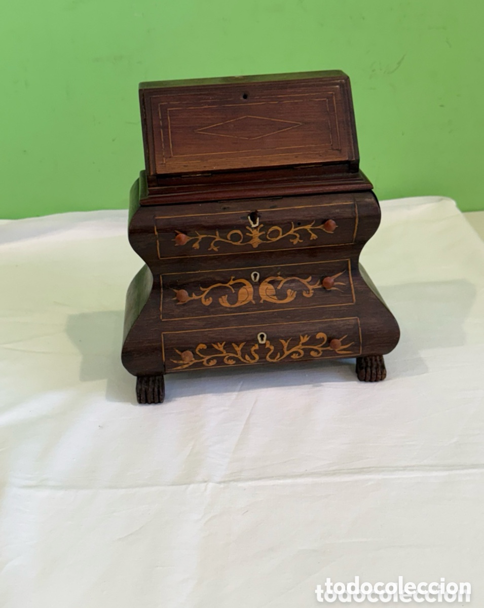 Antiquit&eacute;s: Antiguo bargue&ntilde;o joyero de sobremesa madera marqueter&iacute;a escriban&iacute;a cajones SXX 22x20 cm