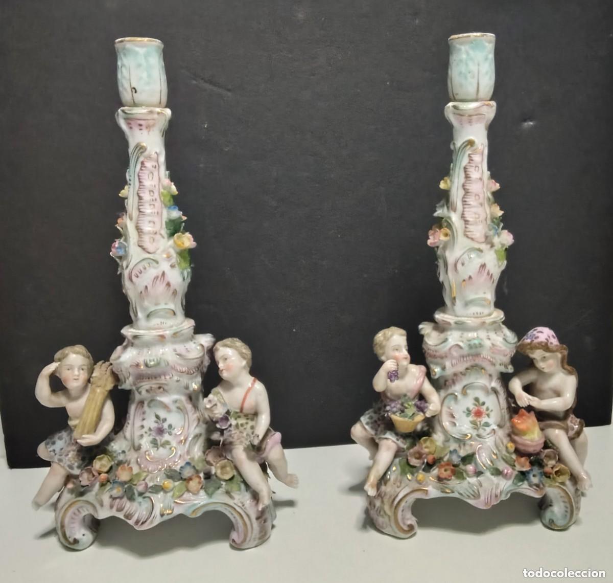 Oggetti Antichi: Candeleros Meissen, serie aleg&oacute;rica Johann Joachim K&auml;ndler o Ernst Leuteritz. Altura 26 cm