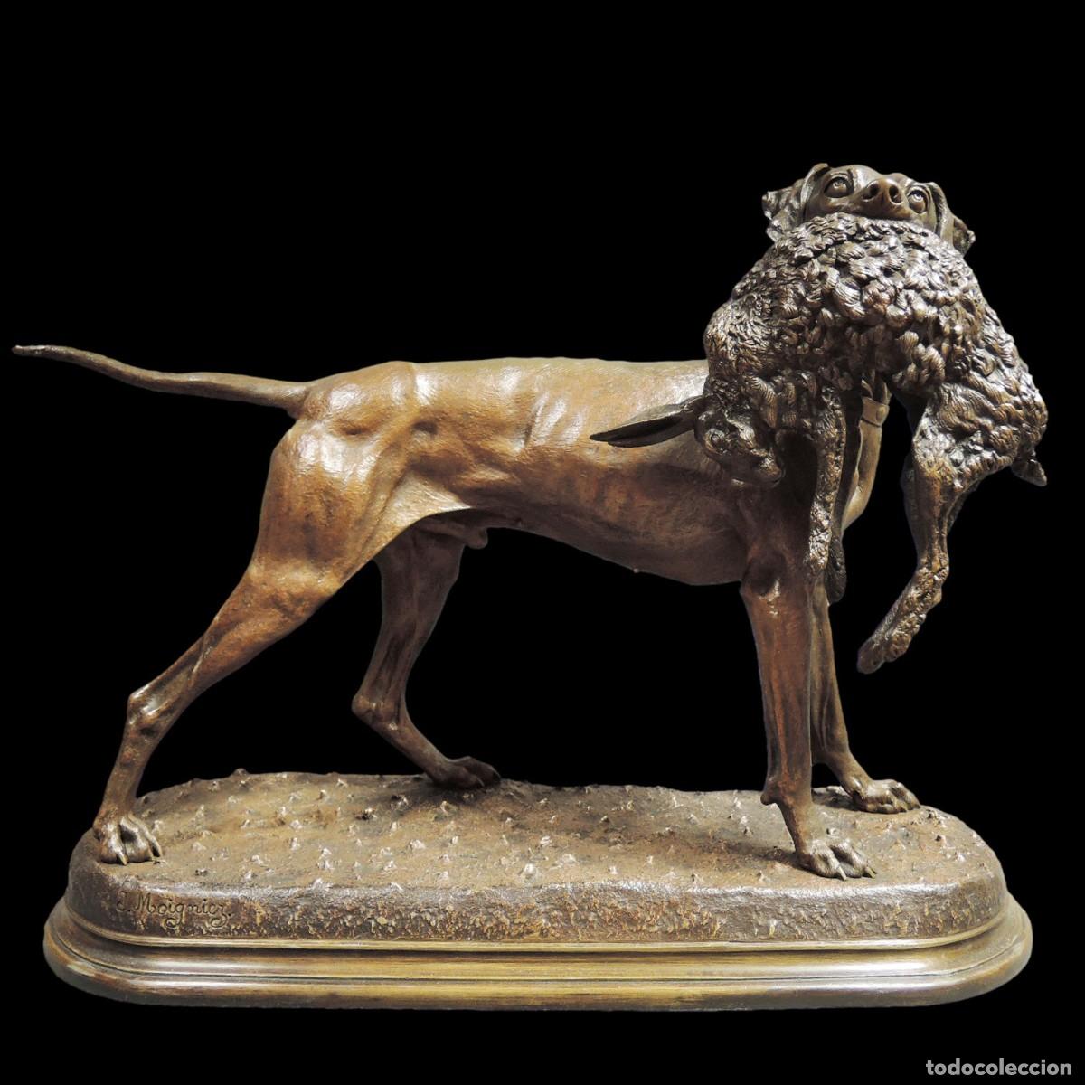 Antiques: FIGURA BRONCE PERRO CON LIEBRE, FIRMADA JULES MOIGNIEZ