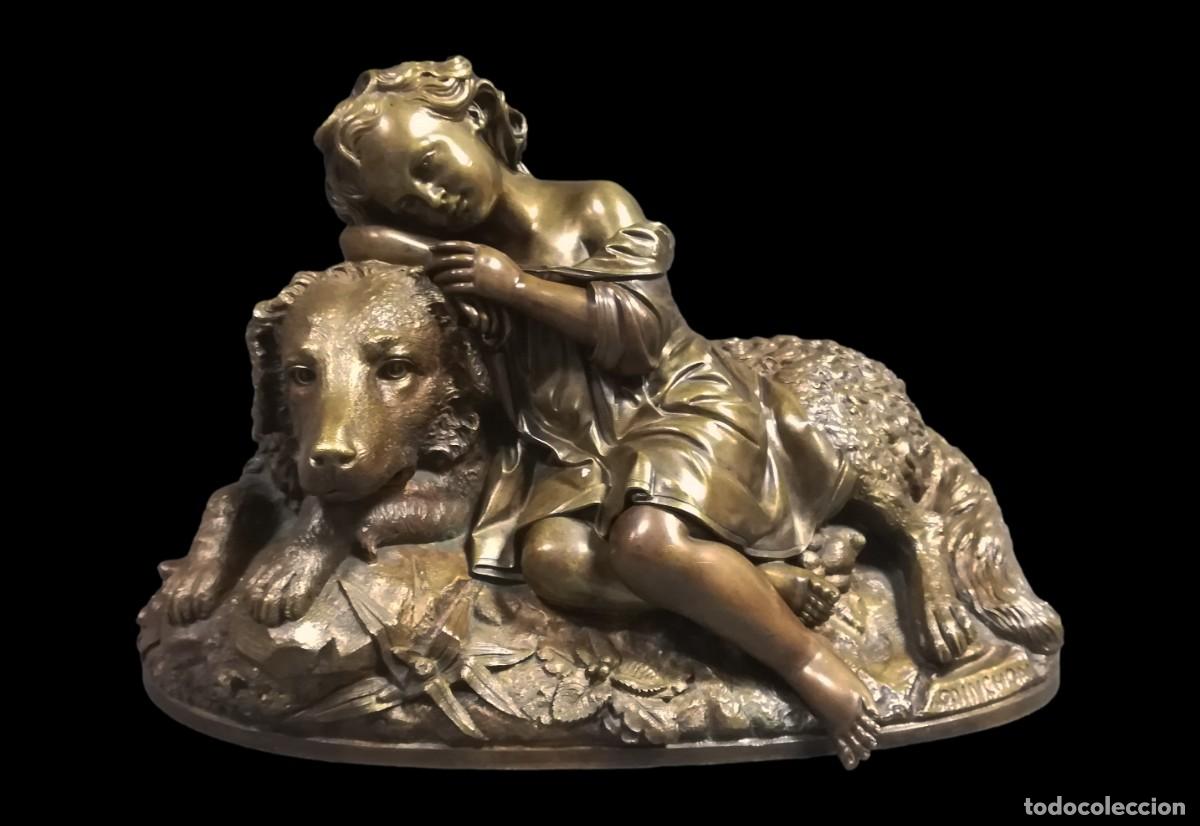 Oggetti Antichi: FIGURA BRONCE NI&Ntilde;A CON PERRO FIRMADO COINCHON SIGLO XIX