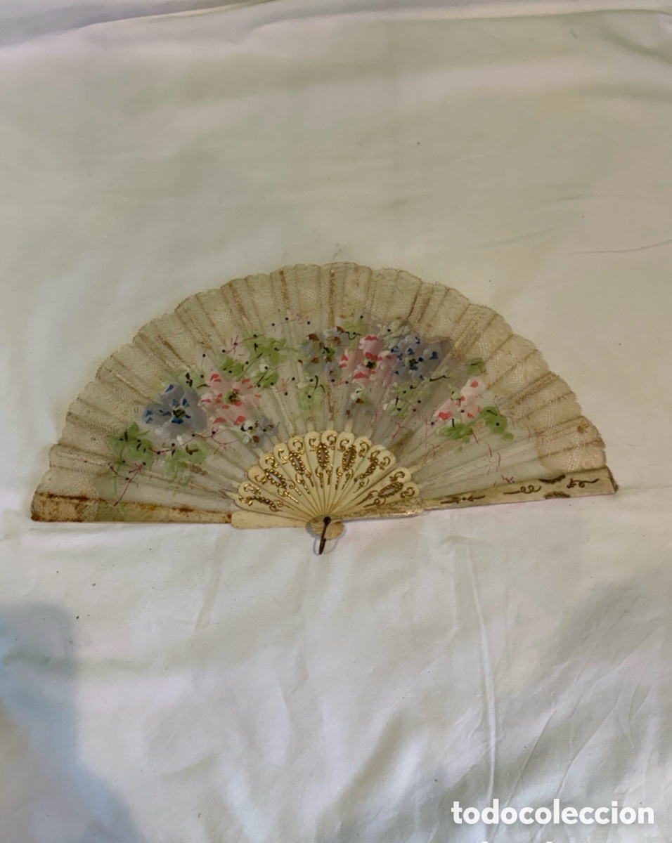 Antiques: Abanico isabelino siglo XIX pintado a mano sobre seda encaje antiguo