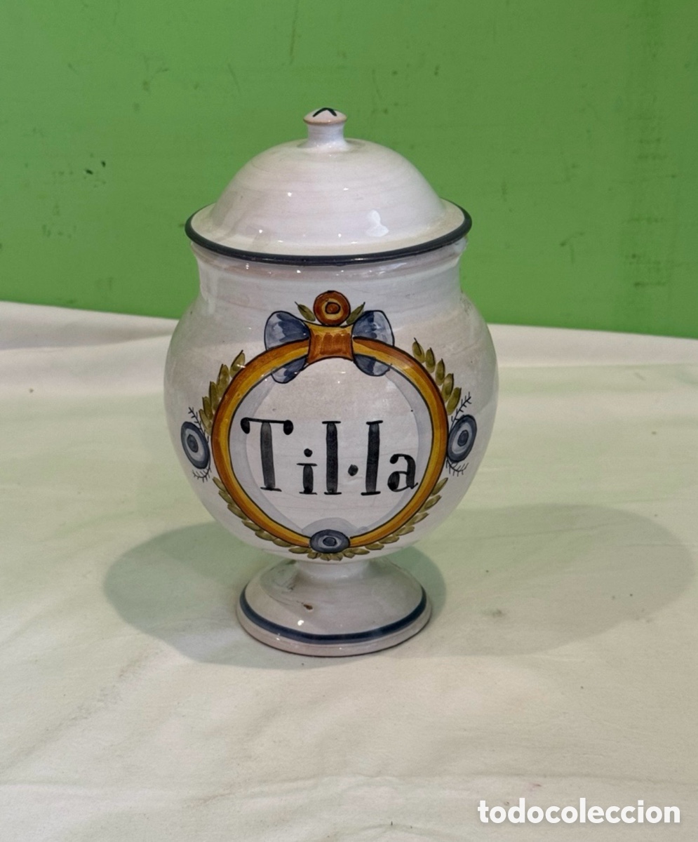 Antiques: Albarelo antiguo farmacia cer&aacute;mica espa&ntilde;ola Til&bull;la con tapa original siglo XIX- XX