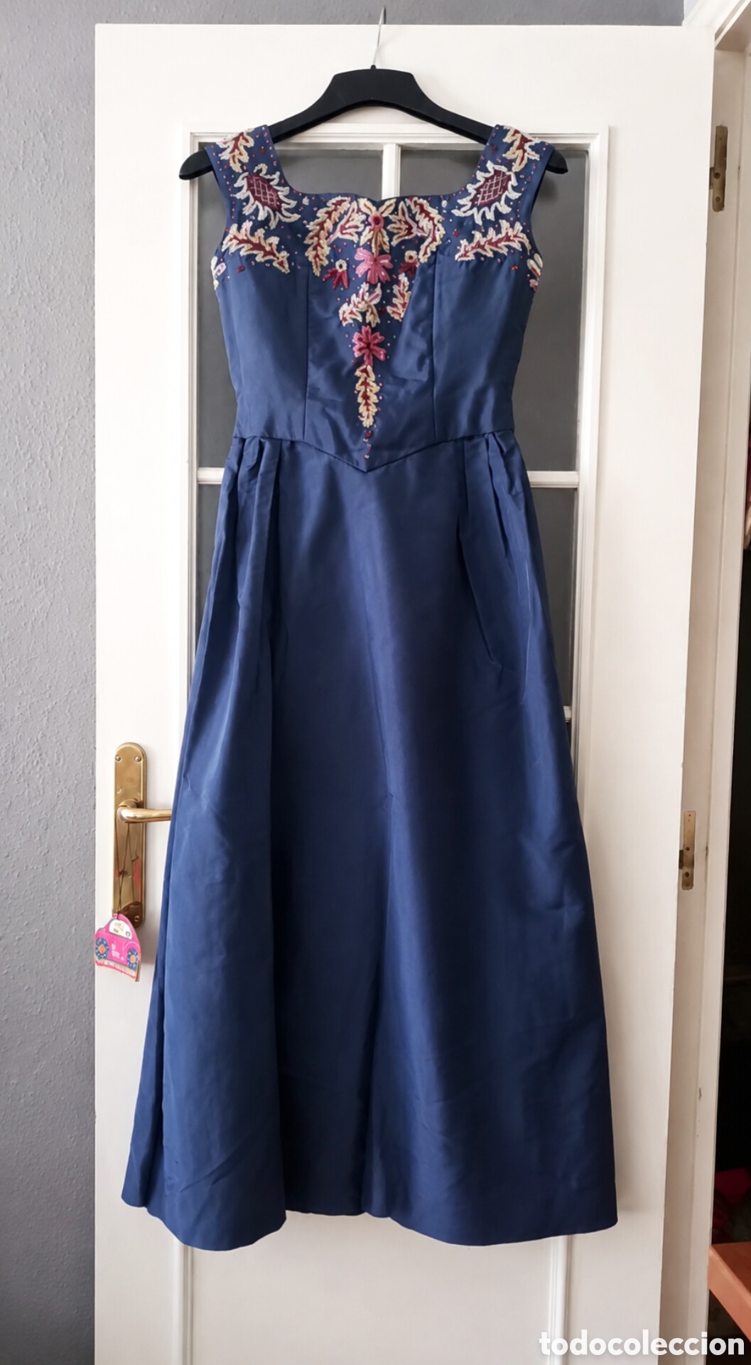 Antig&uuml;edades: Vestido Alta Costura Seda A&ntilde;os 50 | Vestido de Fiesta Bordado a Mano | Vestido Couture Vintage Azul