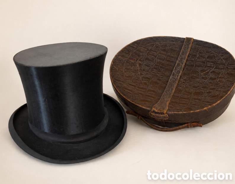Antig&uuml;edades: Chistera de seda plegable Antigua Wilhelm Basse Helmstedt &ndash; Talla L &ndash; Sombrerera patr&oacute;n cocodrilo