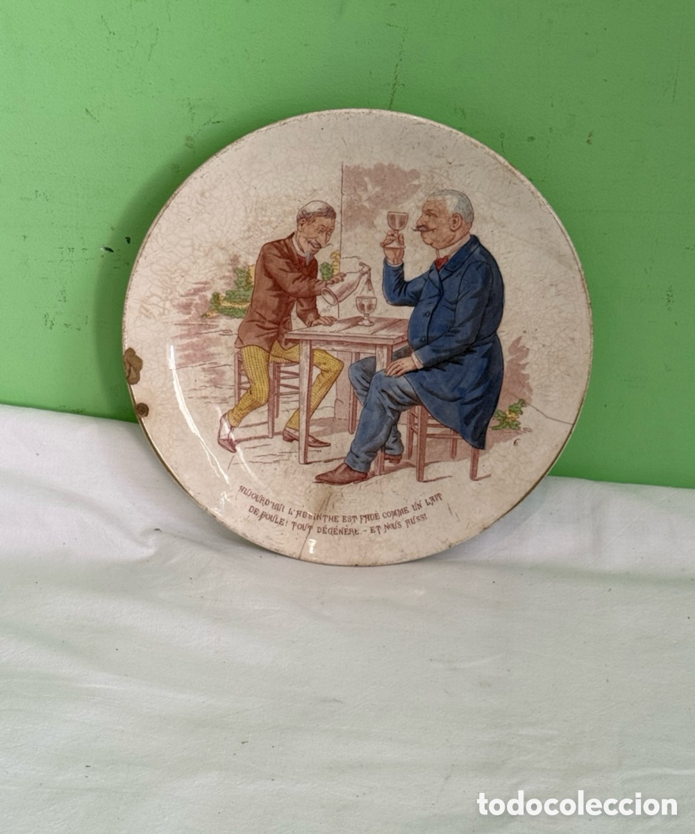 Antiques: Plato parlante Sarreguemines Francia absenta escena humor&iacute;stica siglo XIX Utzschneider.