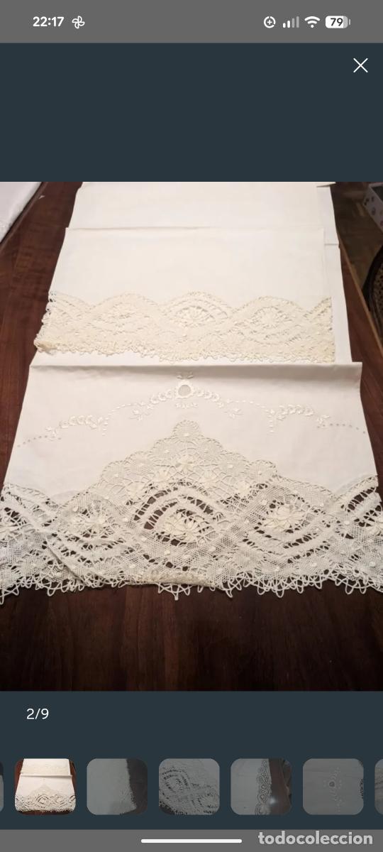 Antig&uuml;edades: Juego cama matrimonio Tolr&aacute; Lino bordado mano + bolillos artesanales 265 x 220 A&ntilde;os 60