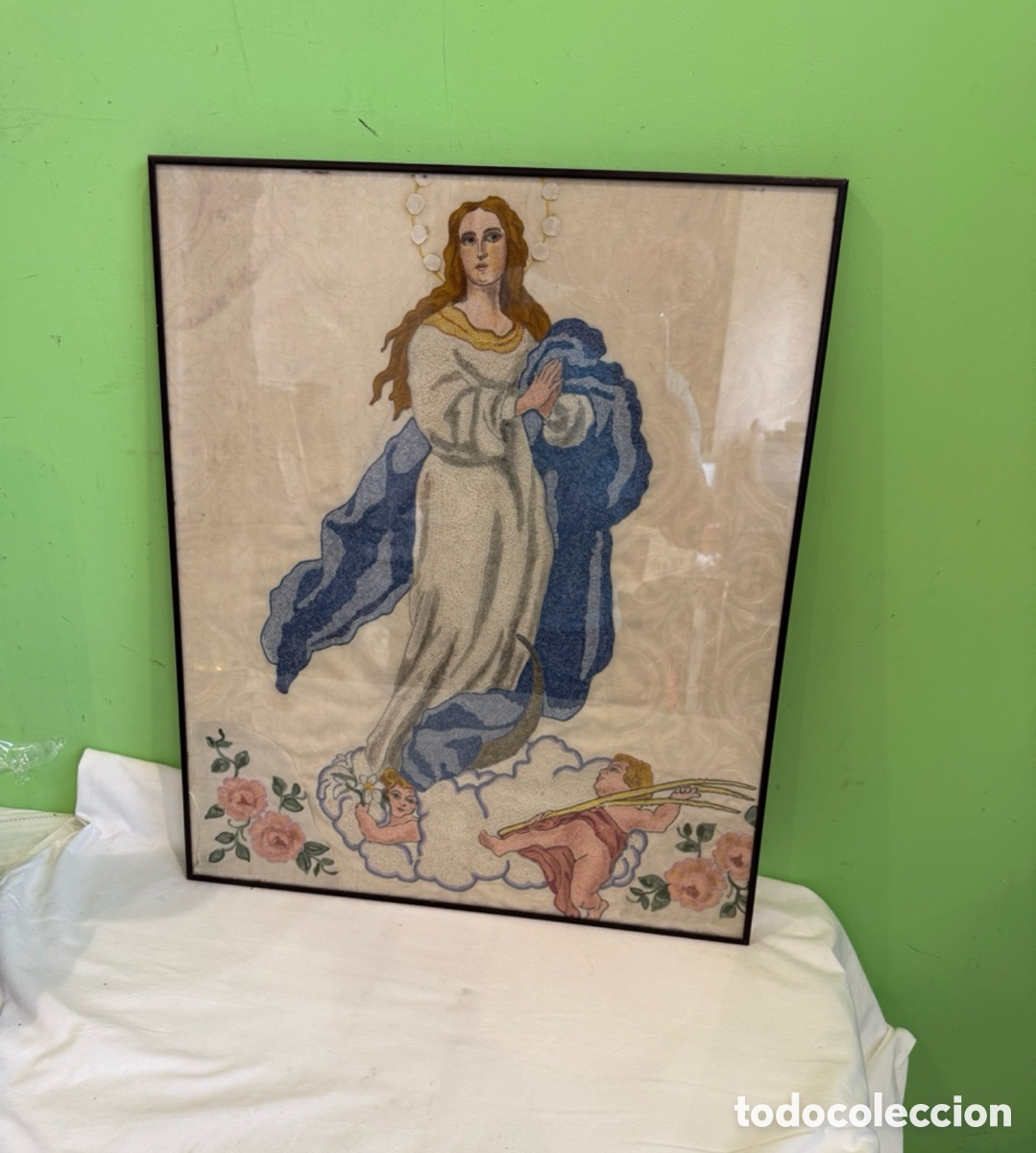 Antiquit&eacute;s: Virgen Bordada Sobre Seda Relieve Principios Siglo XX Marco Original