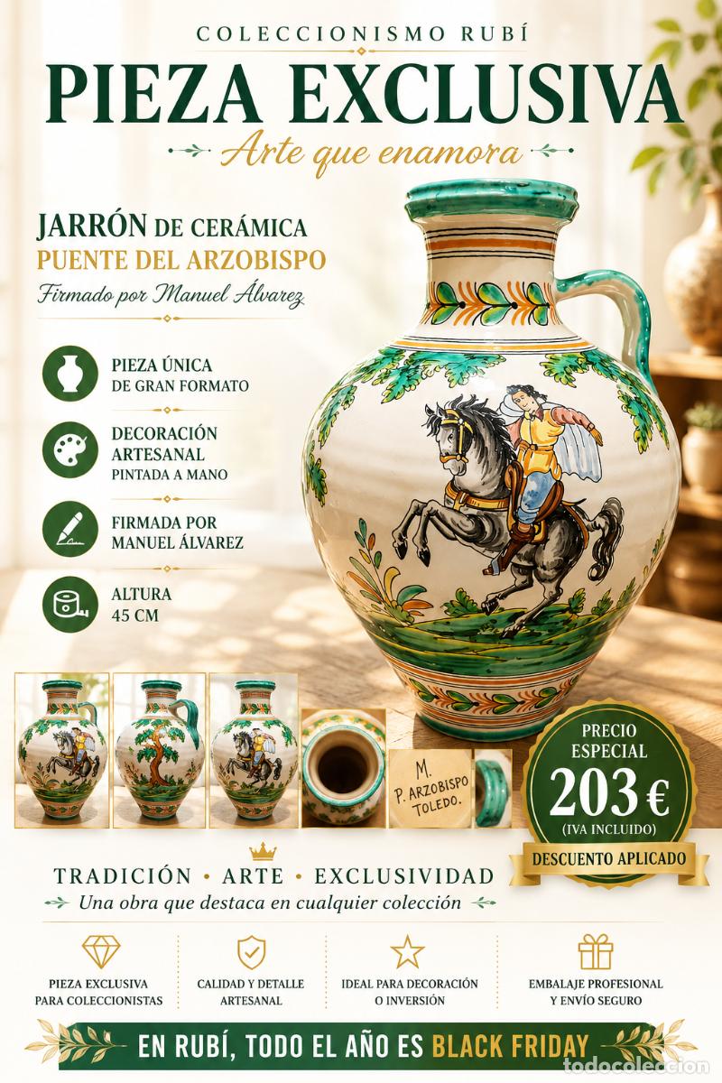 Antiguidades: ESPECTACULAR JARR&Oacute;N / PUENTE DEL ARZOBISPO / CON FIRMA / M A ( MANUEL &Aacute;LVAREZ ) 45 CM / PERFECTO.