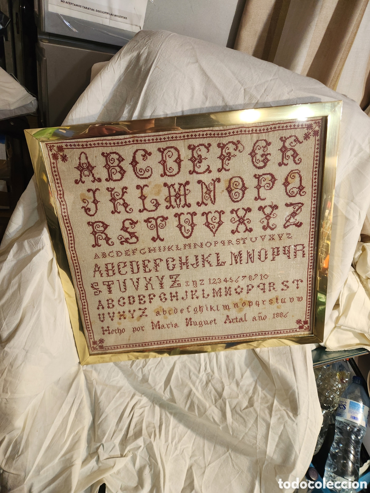 Antiquit&eacute;s: ANTIGUO ABECEDARIO PUNTO DE CRUZ. SIGLO XIX. A&Ntilde;O 1886. ENMARCADO
