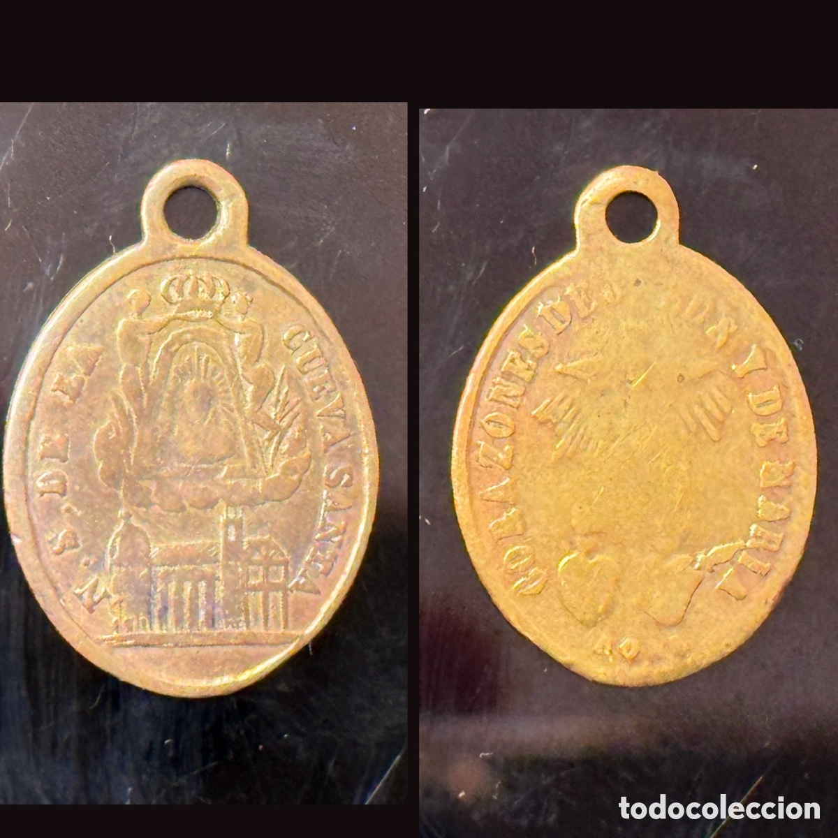 Oggetti Antichi: Medalla S.XIX - Nuestra Se&ntilde;ora de la Cueva Santa - Corazones de Jes&uacute;s y Mar&iacute;a - Roma