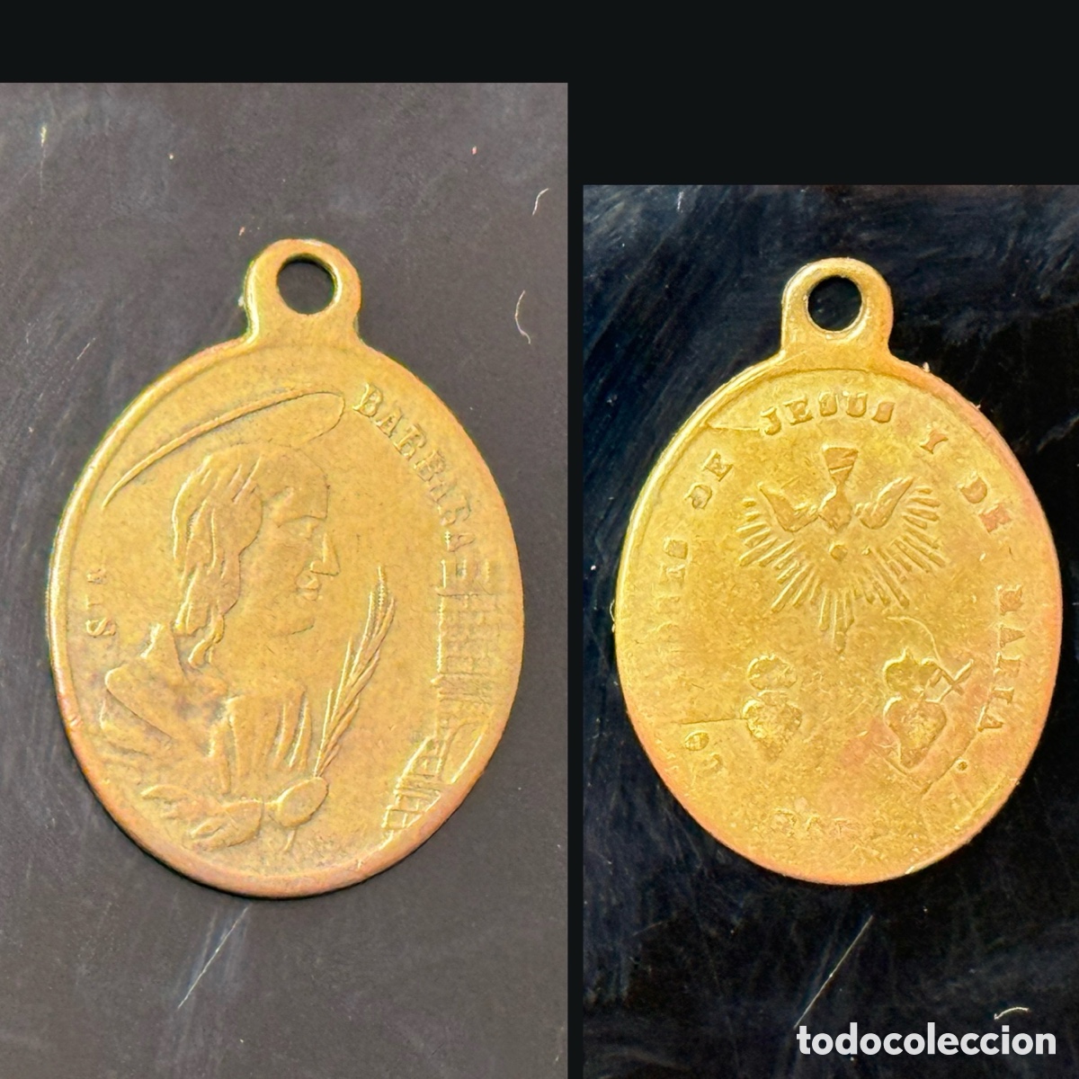 Antiguidades: Medalla S.XIX - Santa Barbara - Corazones de Jes&uacute;s y Mar&iacute;a - Roma