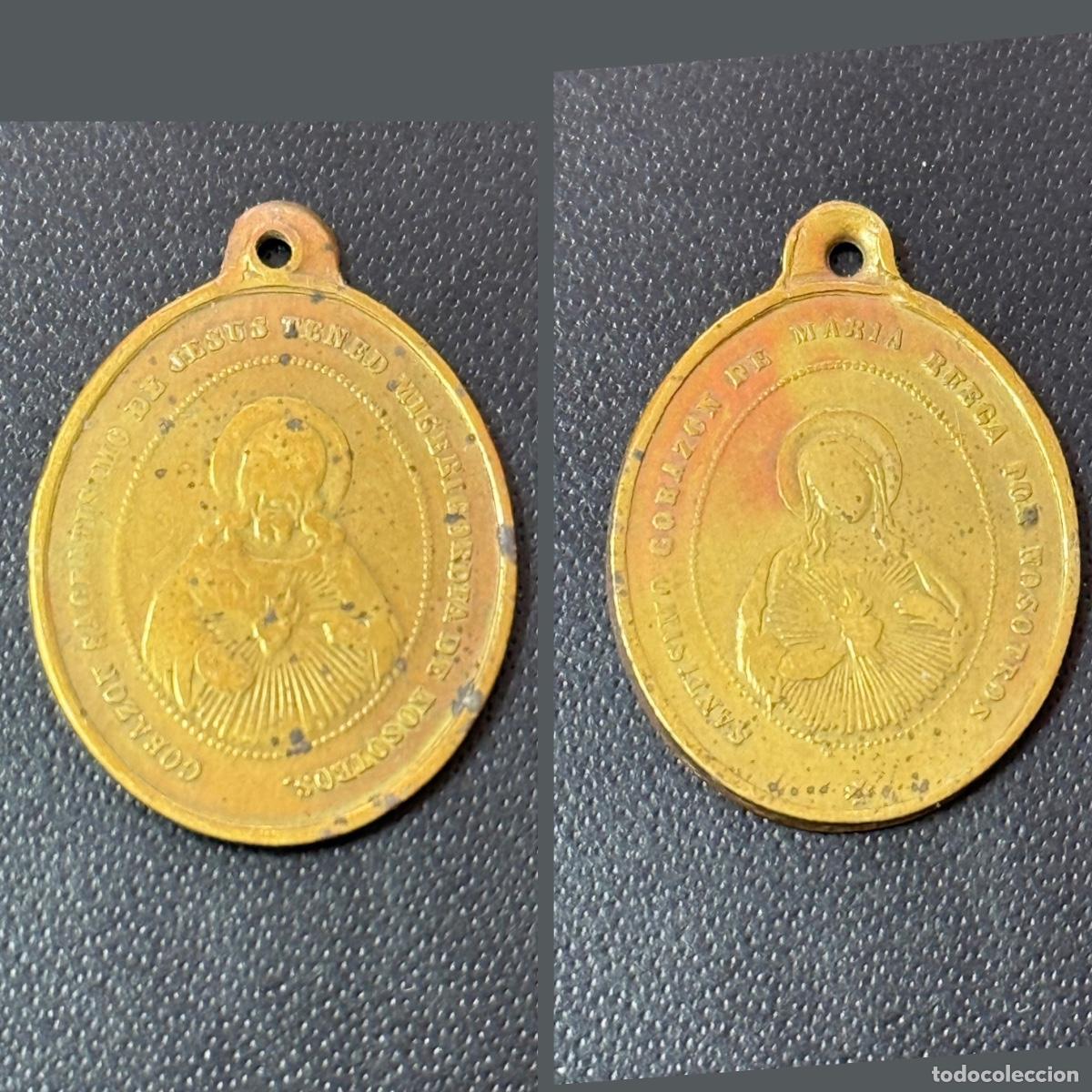 Antiquit&eacute;s: Medalla S.XIX - Coraz&oacute;n de Jes&uacute;s y Mar&iacute;a