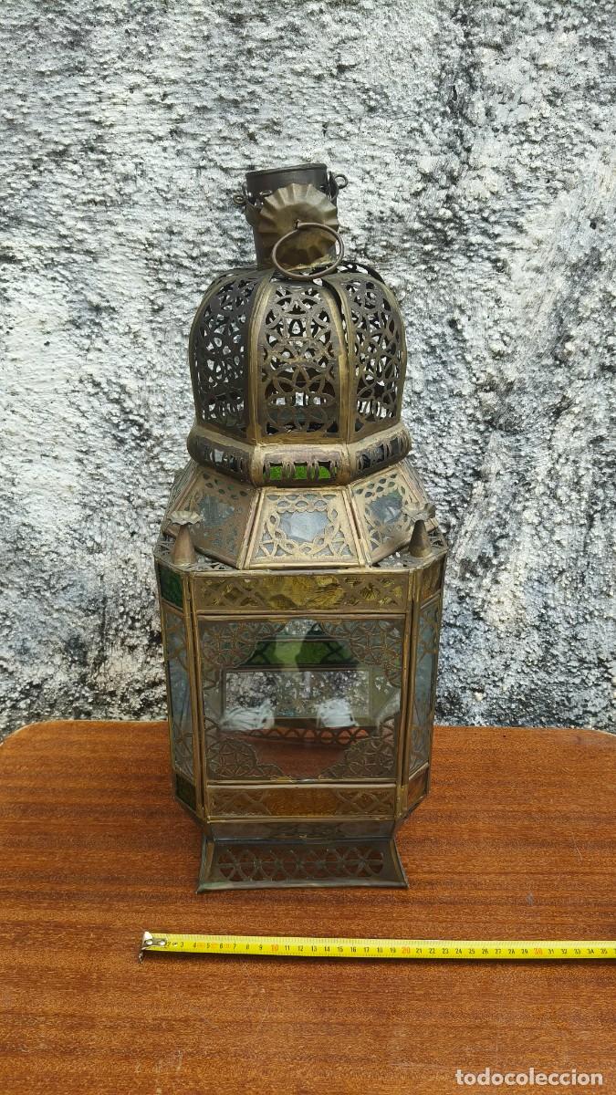 Antiquit&eacute;s: Lanterne laiton bronze et vitraux couleur 1900