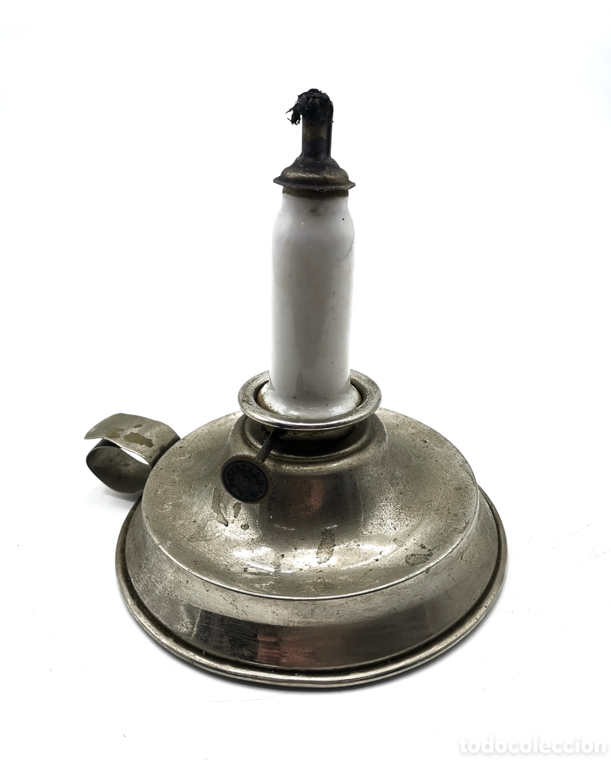 Antiquit&eacute;s: PALMATORIA ANTIGUA DE ACEITE DE METAL Y PORCELANA