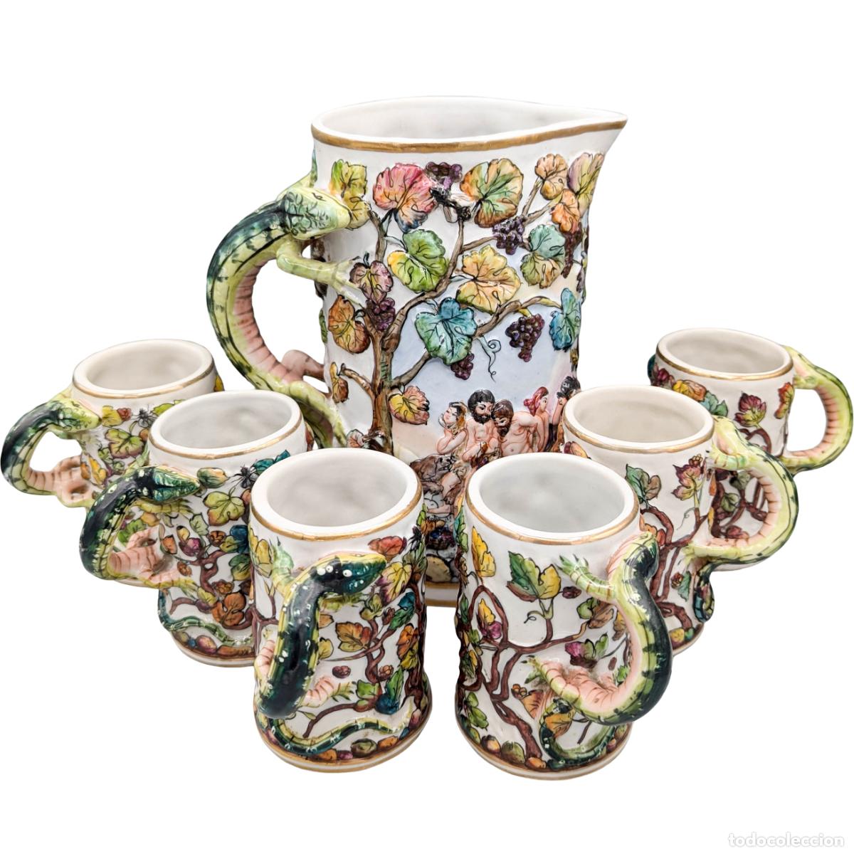 Antig&uuml;edades: Jarra y 6 tazas de estilo Capodimonte - Lagartija - Porcelana