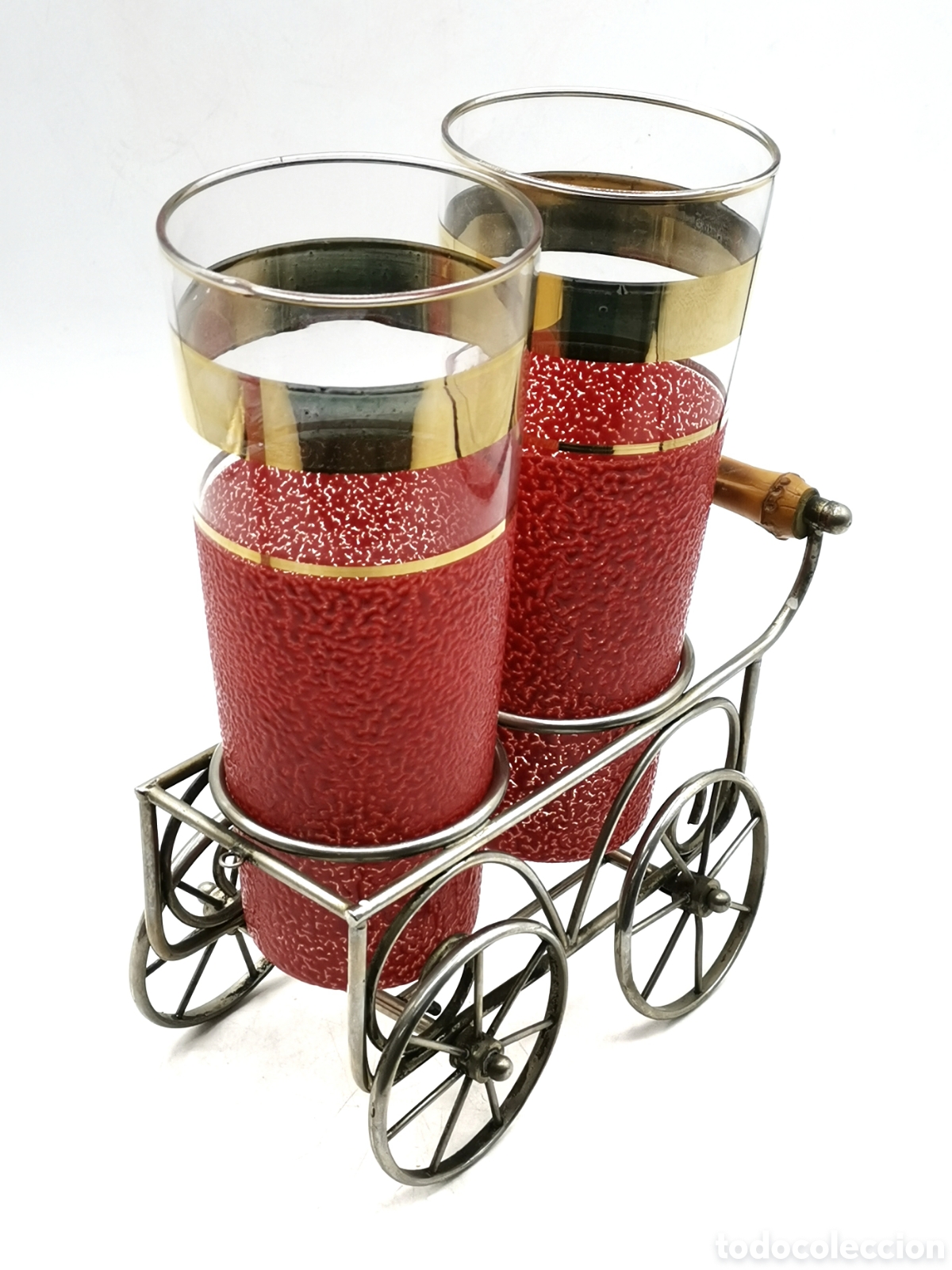 Antiquit&auml;ten: CURIOSO CARRITO CON VASOS DE VIDRIO TEXTURIZADOS CON DETALLES DORADOS