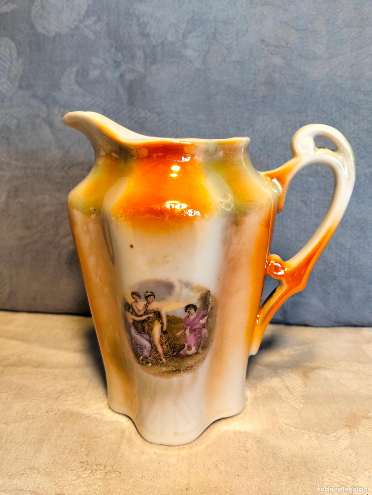 Antiquit&auml;ten: Jarra jarrita de porcelana naranja anacarada con escena campestre estilo Modernista a&ntilde;os 10-20
