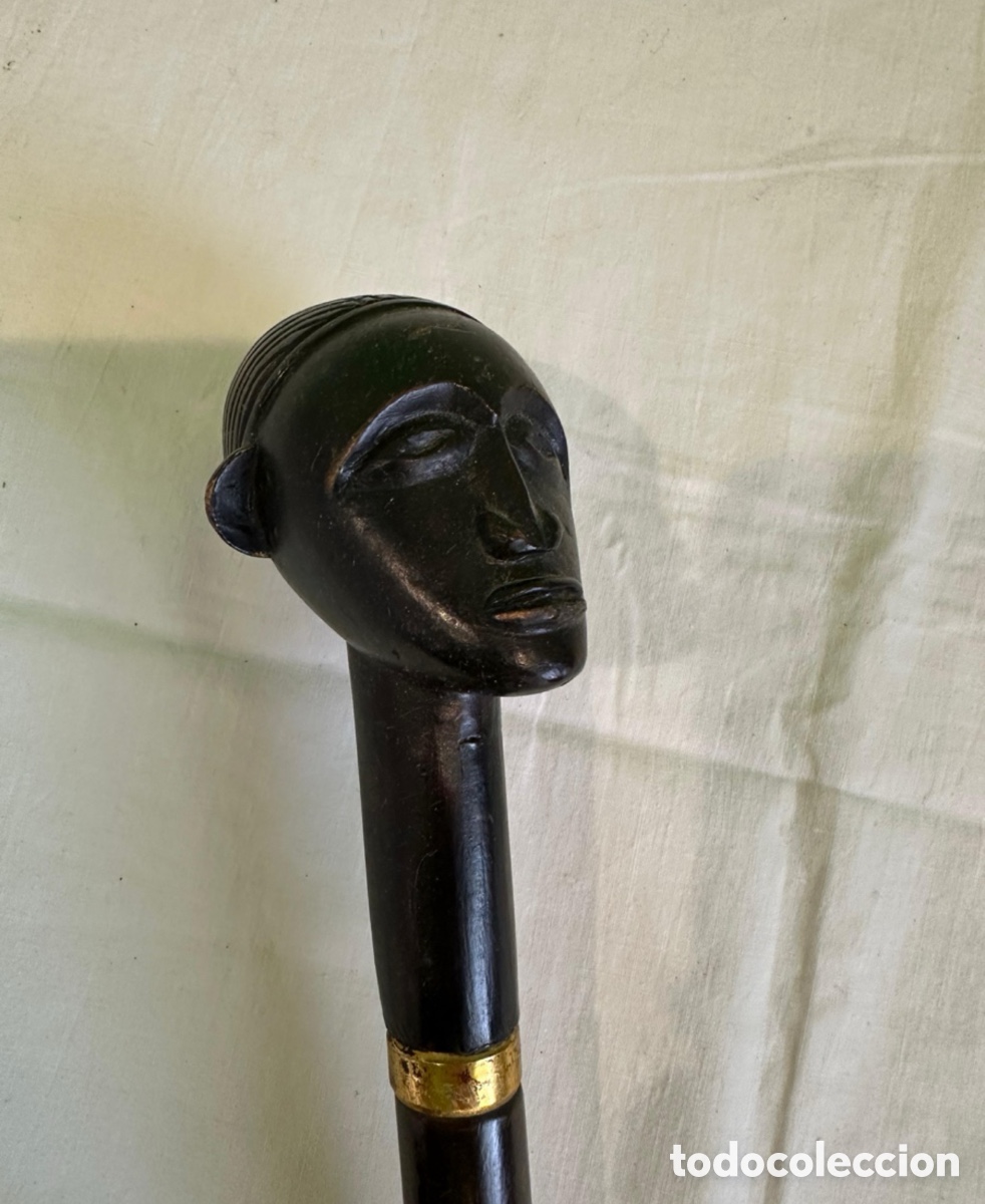 Antiquit&auml;ten: Bast&oacute;n antiguo talla cabeza africana madera tallada 90 cm vintage