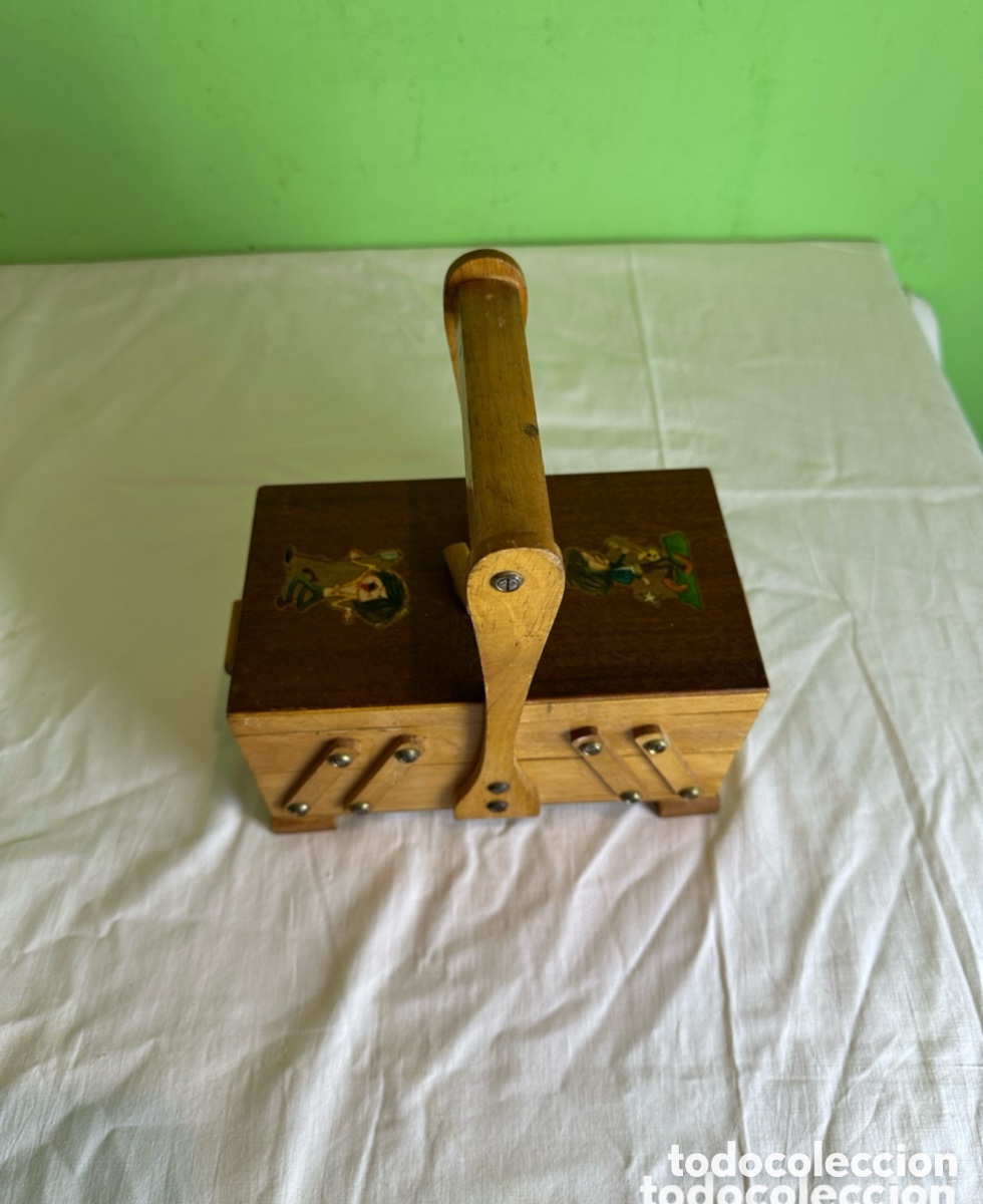 Oggetti Antichi: Antiguo costurero de madera plegable 3 cajones con asa