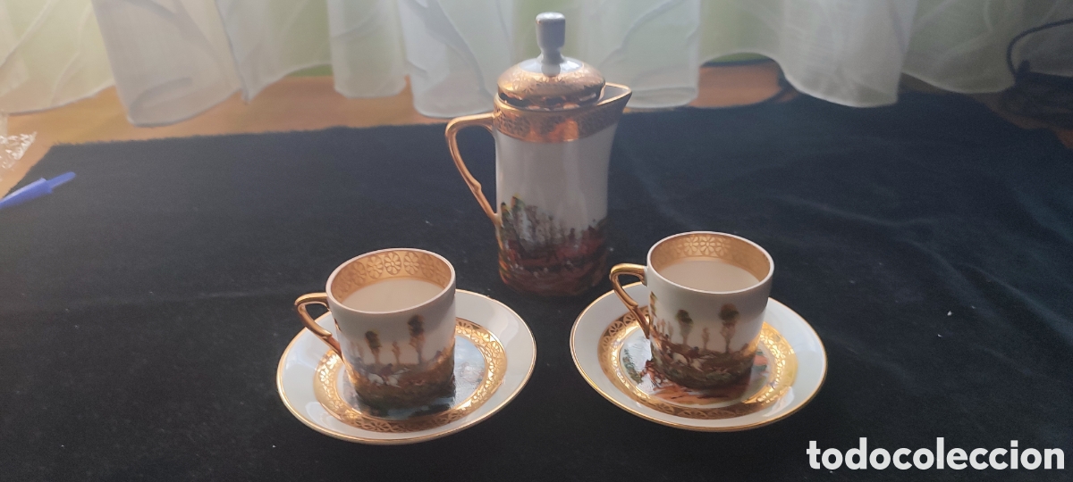 Antig&uuml;edades: Juego de caf&eacute; Tu y yo de Porcelana Limoges con escenas de caza