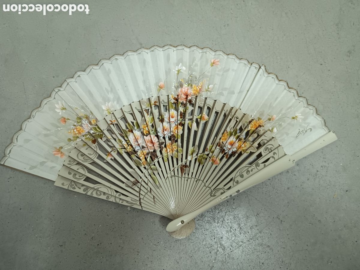 Oggetti Antichi: ABANICO 39x23cm - VARILLAJE DE MADERA PA&Iacute;S MADERA Y TELA PINTADO A MANO