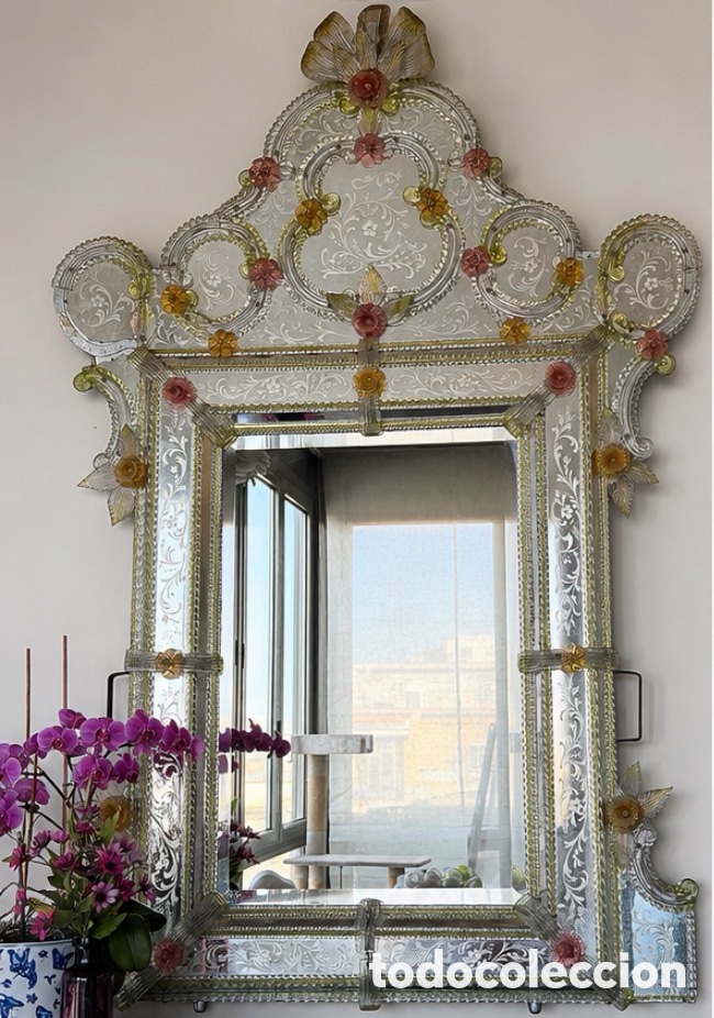 Antig&uuml;edades: Gran espejo veneciano artesanal cristal grabado estilo Murano 190 cm