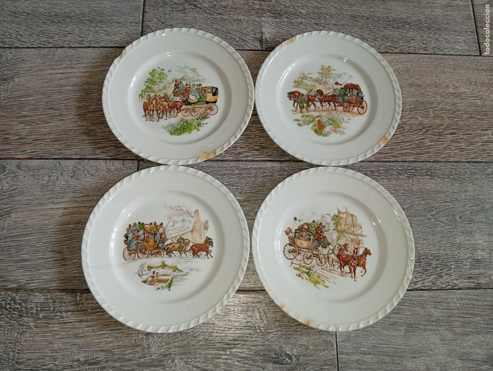 Antig&uuml;edades: Lote 4 Platos Pontesa Espa&ntilde;a Royal China Escenas de Carruajes Antiguos Vintage
