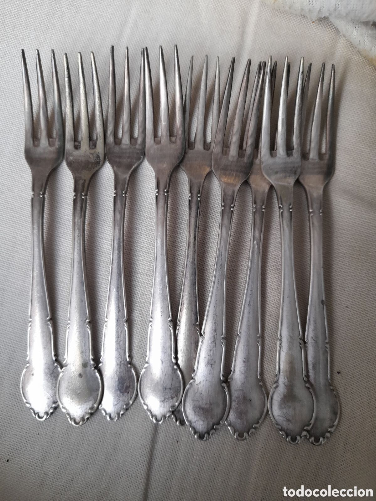 Antig&uuml;edades: Lote 9 Tenedores Postre Antiguos - Metal Plateado (Punz&oacute;n 24)