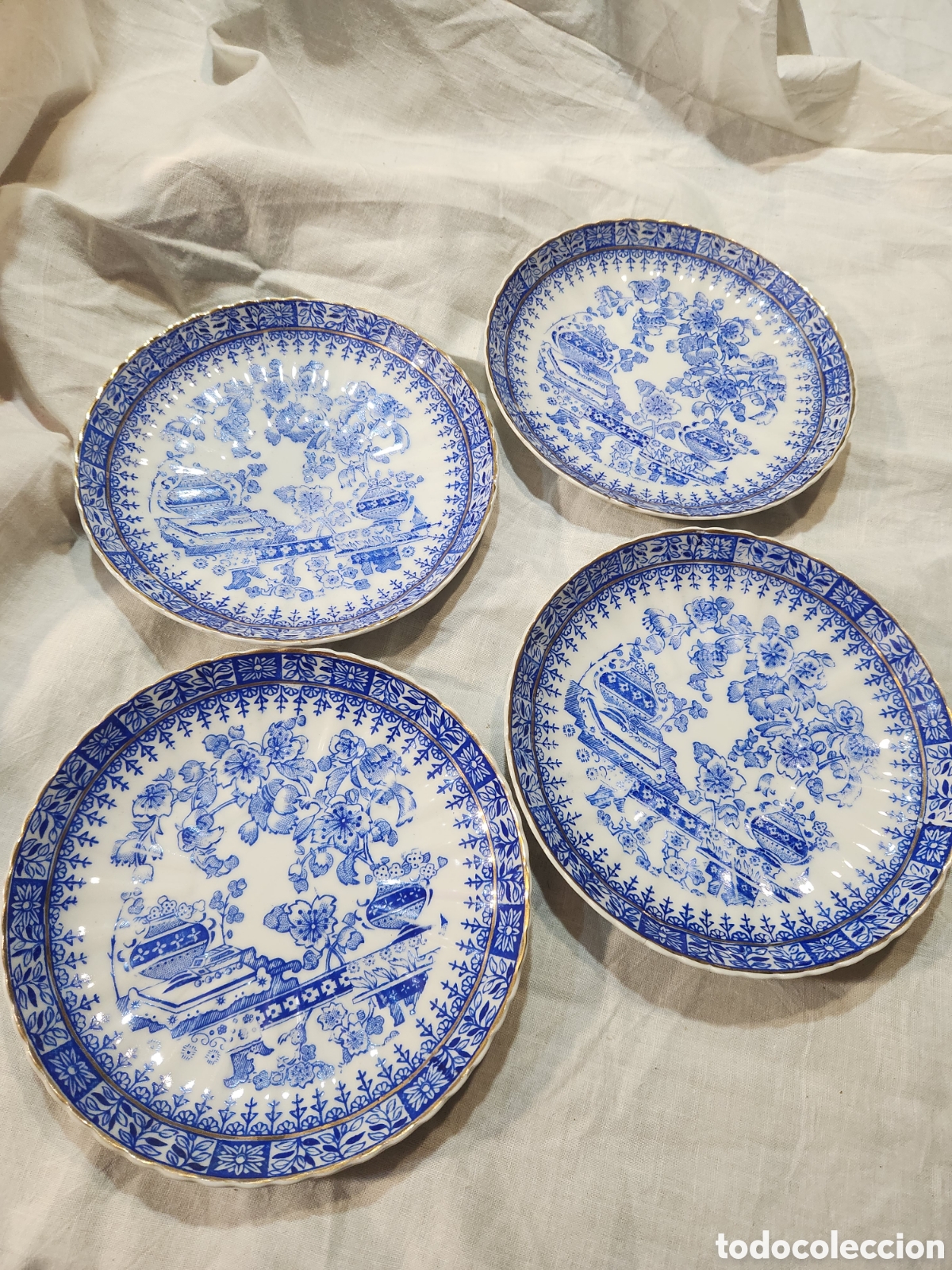 Antiquit&eacute;s: 4 PLATOS SANTA CLARA MAR VIGO. PARA TAZAS DE CAFE CON LECHE. CHINA BLAU.