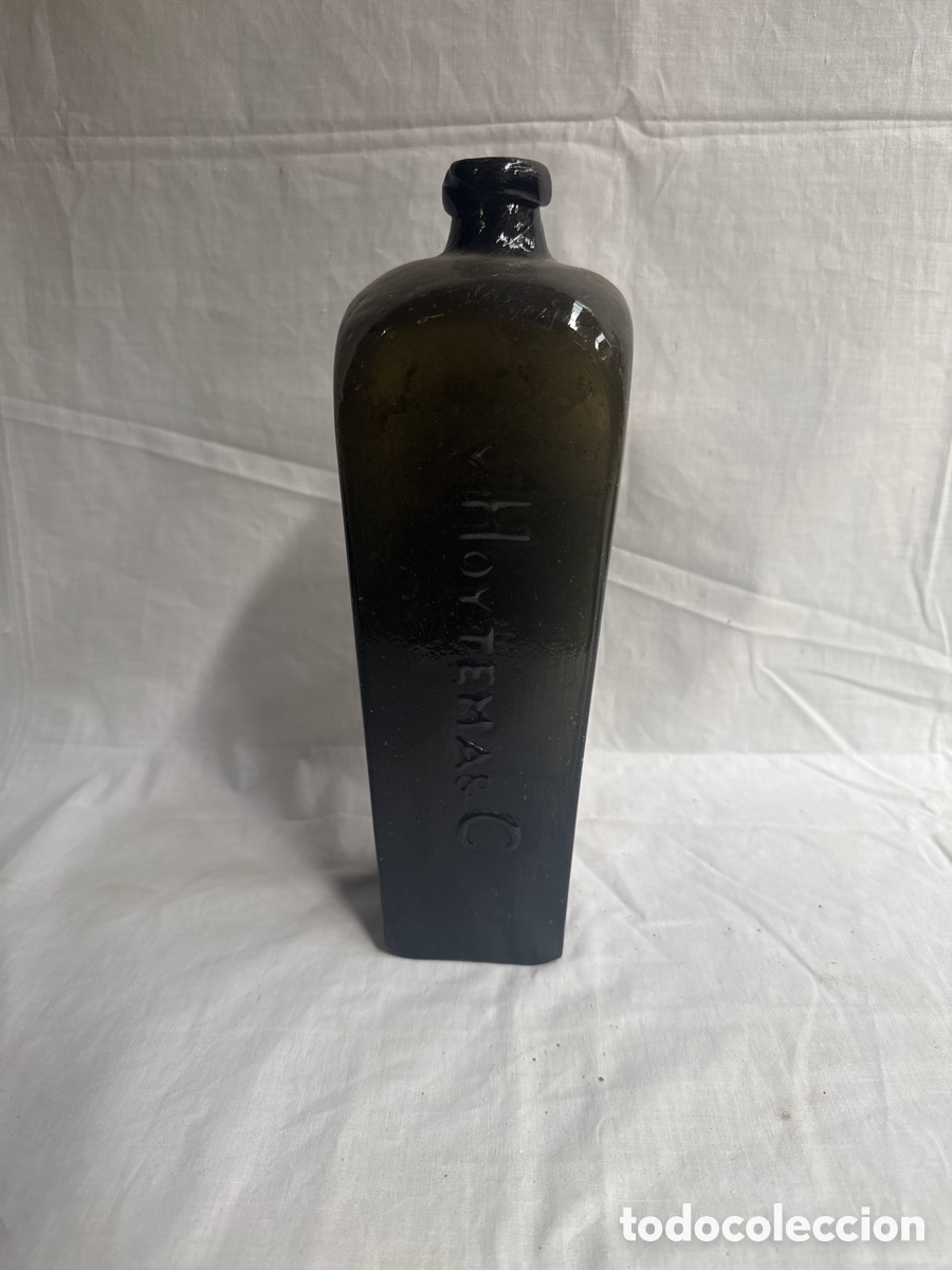 Antiquit&eacute;s: Botella inglesa de cristal verde para ginebra, Hoytema & C siglo XIX