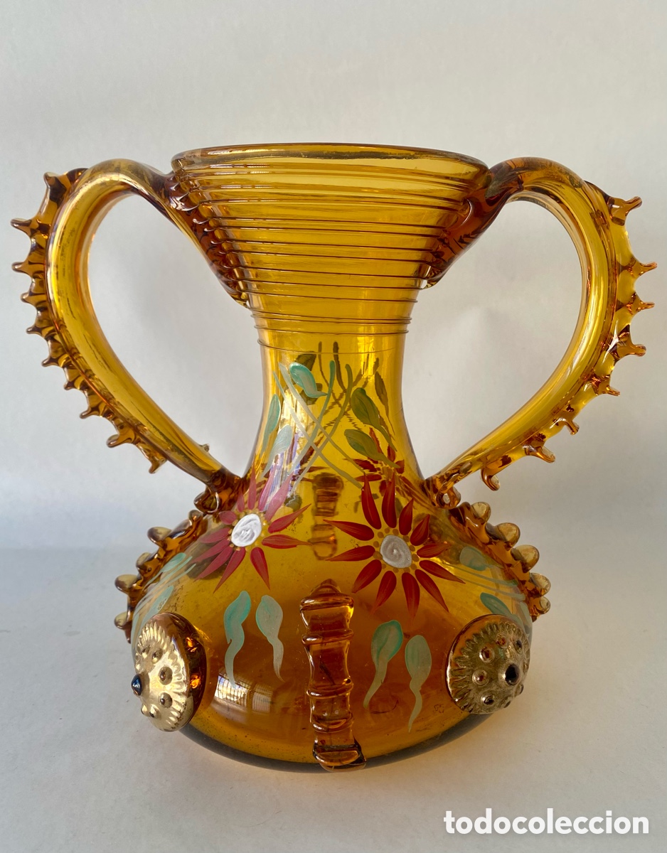 Antig&uuml;edades: Antiguo jarr&oacute;n cristal soplado cirera Catal&aacute;n princispios Siglo XX Modernista doble asa Vidrio &aacute;mbar