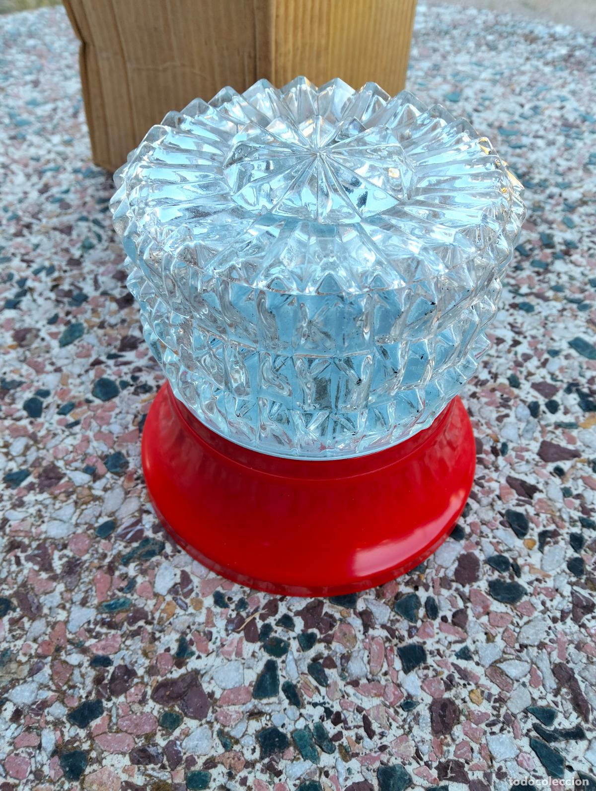 Antiquit&auml;ten: L&aacute;mpara pared o techo aplique redondo tulipa transparente plaf&oacute;n rojo antiguo Luxus vintage a&ntilde;os 70
