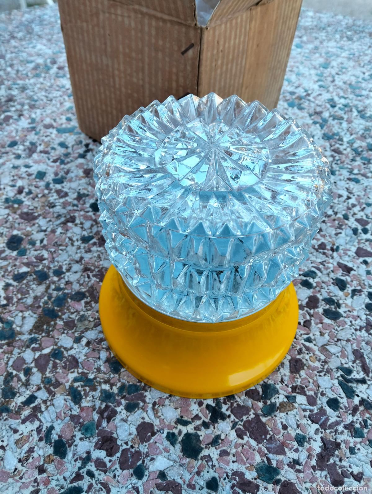 Antiquit&eacute;s: L&aacute;mpara techo aplique redondo tulipa transparente plaf&oacute;n amarillo antiguo Luxus vintage a&ntilde;os 70